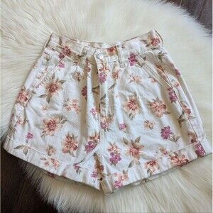 American Eagle Mom Short Pleated Ivory Denim Floral High Waisted Shorts Size 2